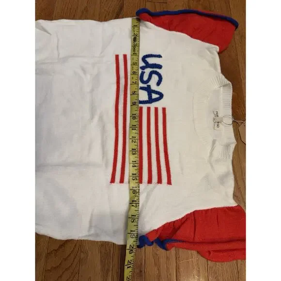 USA Red white blue flag 4th of July Sweater ruffle Pullover By Main Strip L NWT - Picture 8 of 12